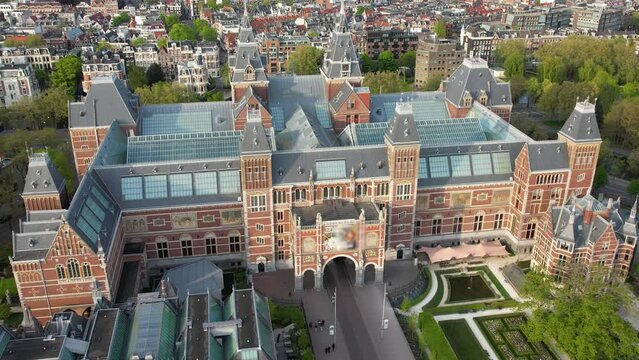 Rijksmuseum in Amsterdam, Netherlands aerial view. Dutch national museum, famous place to visit in Holland.