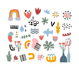 Abstract hand-drawn shapes and illustrations.