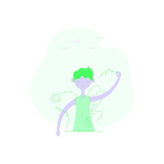 Vector colorful boy, kid on summer day, holding a branch with leaves,  located on summer or spring background including flower, big leaf, branch with berries, grass, clouds.
