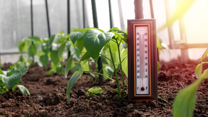 the alcohol thermometer measuring the temperature in the greenhouse between the seedlings. Control of the ideal temperature for seedling growth. - obrazy, fototapety, plakaty