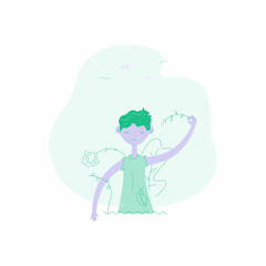 Colorful boy, kid on summer day, holding a branch with leaves,  located on summer or spring background including flower, big leaf, branch with berries, grass, clouds.
