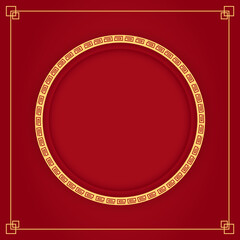 Happy Chinese new year 2023. Chinese new year banner with circle for show product. Greeting card. China frame with lantern on red background.