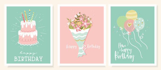 Fototapeta na wymiar Fun hand drawn party card designs. Lovely templates, great for birthday parties, banners, wallpapers, invitations - vector design