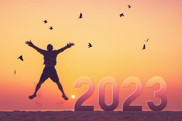 Silhouette man jumping and birds flying with number like 2022 at tropical beach on sunset sky abstract background.