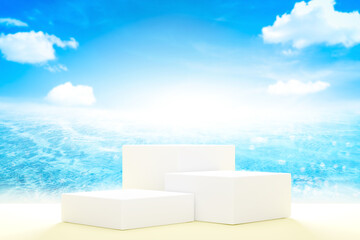 3d podium on tropical beach with blue sky white clouds bstract background. Copy space of product presentation and summer nature concept.