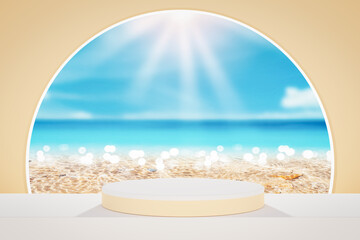 3d podium on tropical beach with blue sky white clouds bstract background. Copy space of product presentation and summer nature concept.