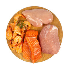 fresh shrimps, salmon, chicken and pork isolated on white background