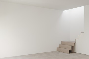 3D render empty white room with stair, wooden floor perspective of minimal design. Illustration