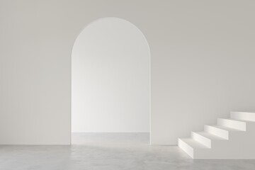 3D render empty white room with arch door wall design and concrete floor, corridor with stair, perspective of minimal design. Illustration - obrazy, fototapety, plakaty