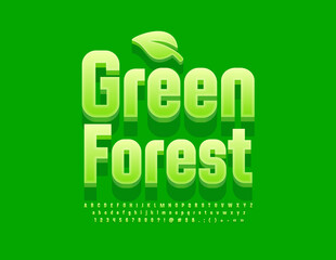 Vector creative Emblem Green Forest. Elegant Glossy Font. Artistic Artistic Alphabet Letters and Numbers.