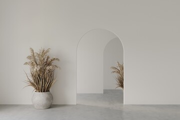 3D render empty white room with arch door, concrete floor,decor with dry reeds in a pot, perspective of minimal design. Illustration - obrazy, fototapety, plakaty