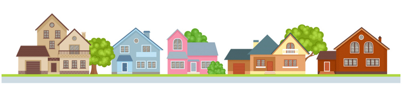 Row of houses on the street. Cute city concept horizontal banner. Vector buildings in simple, flat style.