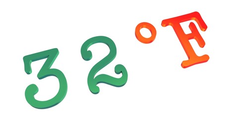 32°F. Fahrenheit degrees. Air temperature, weather. Thermometer with numbers. 3D rendering.