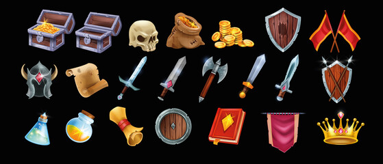 Fantasy game vector icon set, wooden warrior shield, medieval UI game badge, full gold chest, potion. Magic RPG objects kit, standard, knight weapon, iron helmet, old papyrus. Game icon collection © Oleksandra