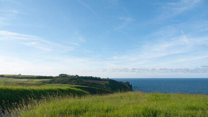 Ladera de hierba verde junto al horizonte marino