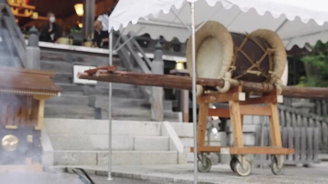 Hachiman Matsuri Festival, Smoking incense at shrine with Taiko Drum, Japan