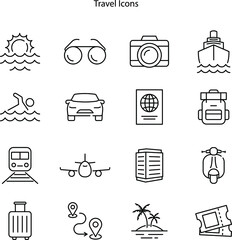 Travel icons. travelling line icon set isolated on white background. Travel icons. travelling line icon set.