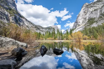 Badkamer foto achterwand Spiegelung im Mirror Lake im Yosemite National Park / Blick auf North Dome und Half Dome © Julia