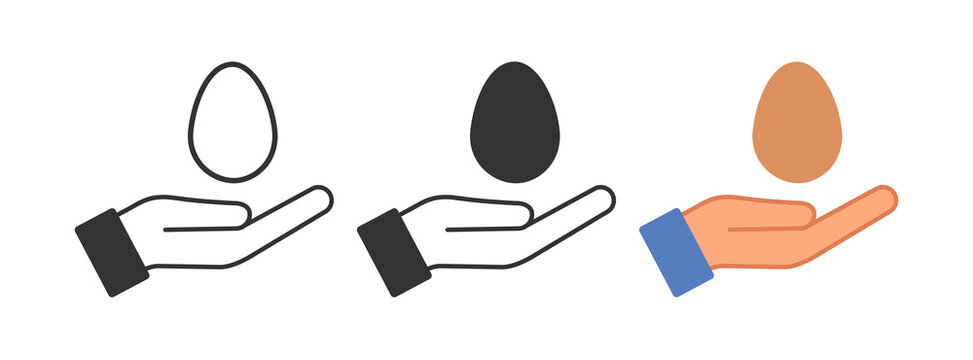 Egg in an open hand icon. Give a chicken embryo symbol. Sign keep oval vector.