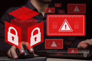 Computer system hack warning. The concept of a cyber attack on a computer network. Malicious software, viruses and cybercrime. Hacking personal data	