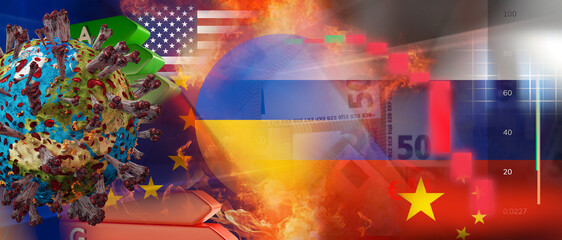 Covid-19, Ukraine war with Russia energy scale and Euro banknotes and flag of Russia and Europe and flames and stock or cryptocurrency market 3d-illustration. elements of this image furnished by NASA