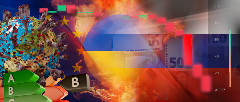 Covid-19 Ukraine war Russia and energy and Euro and Europe and cryptocurrency crash 3d-illustration. elements of this image furnished by NASA