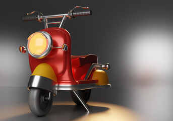 Vintage motorcycle. Red scooter with round lamp. Cartoon style minimotorcycle. Rendering of scooter on dark background. Red retro motorcycle. Vintage transport without anyone. 3d rendering. © Grispb
