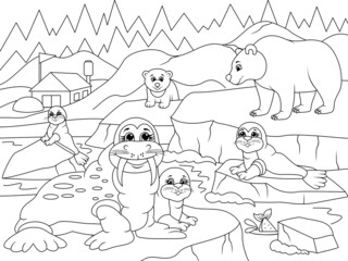 North Pole landscape and wild animals. Raster page for printable children coloring book.