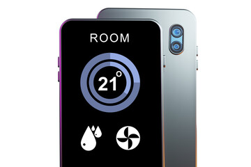 Temperature control via smartphone. Air conditioning control application interface. Control system air conditioning in phone. Change temperature in application. Switching temperature room. 3d image