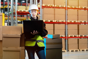 Customs clearance of goods. Woman with laptop in warehouse. Warehouse of customs company. Woman is...