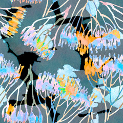 Abstract seamless pattern of watercolor plants, completed on the computer.
