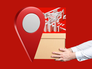 Address delivery. Delivery of parcels in city. Geotag and box in hands of man. Address delivery of goods from online store concept. Hands with cardboard parcel on red background
