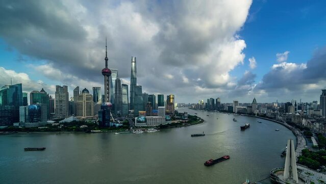 China Shanghai. Aerial view of Shanghai skyline from skyscraper. Zooming in.