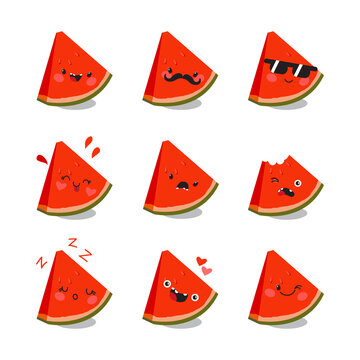 Cute kawaii characters vector set. Watermelon with face emoticons. Funny stickers, flat cartoon style