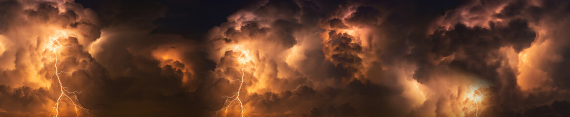 Panorama Dark cloud at  night with thunder bolt. Heavy storm bringing thunder, lightnings and rain in summer. - obrazy, fototapety, plakaty