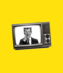 Contemporary art collage. Excited man sticking out from retro tv set isolated on yellow background....