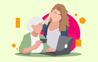 Young granddaughter helps to elderly grandmother with Laptop usage explains teaches older relative or your design minimal outline. Vector illustration