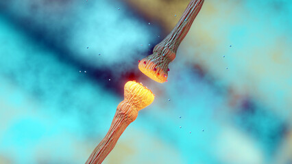 neurotransmitter release mechanisms. Neurotransmitters are packaged into synaptic vesicles transmit signals from a neuron to a target cell across a synapse. opioids, Acetylcholine release, 3d render © MohammedElAmine