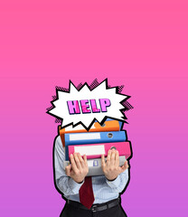 Contemporary art collage of business man with word help instead face isolated over pink background. Work, art, creation, ideas, aspiration concept