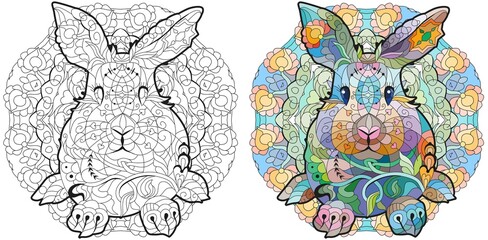 Spring rabbit on mandala. Coloring page for adult and children. Color and outline set