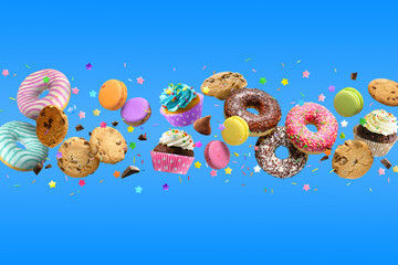 Donuts, cupcakes, cookies, macarons flying on blue background.