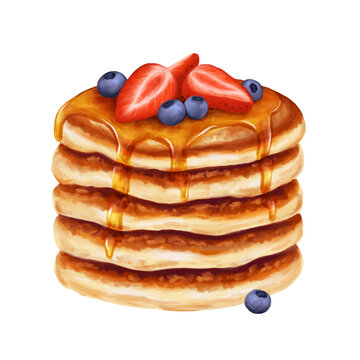 Stack of pancakes poured with syrup or honey with strawberries and blueberries. Hand drawn food illustration for menu, cafe. American sweet breakfast. Isolated on white.