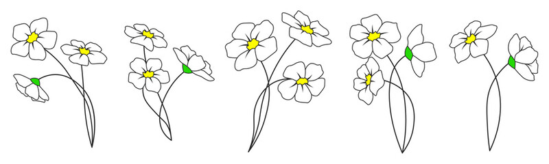 White flower on stem floral set cartoon isolated illustrations