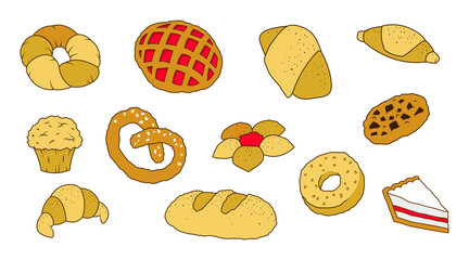 Bakery set different buns cartoon isolated illustrations