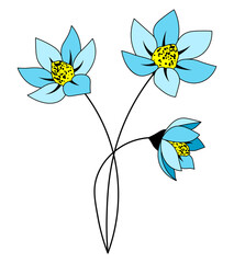 Blue flower on stem cartoon isolated illustrations