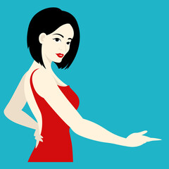 Woman in red dress is showing something isolated illustration