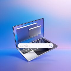 3D illustration of a laptop with an open browser tab on the screen. Internet search using...