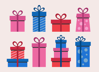 Surprise gift box collection with bows and ribbons. Vector illustration.