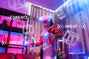 Asian child boy wear VR or virtual reality glasses,headsets standing and playing a video game at living room in front of TV at home in quarantine period technology and innovation concept neon light 