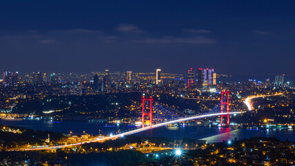 Fototapeta na wymiar istanbul-turkey. 11.july.2019. 15th july Martyrs Bridge (15 temmuz sehitler koprusu) landscape. Bosphorus Bridge at night Istanbul, Turkey
